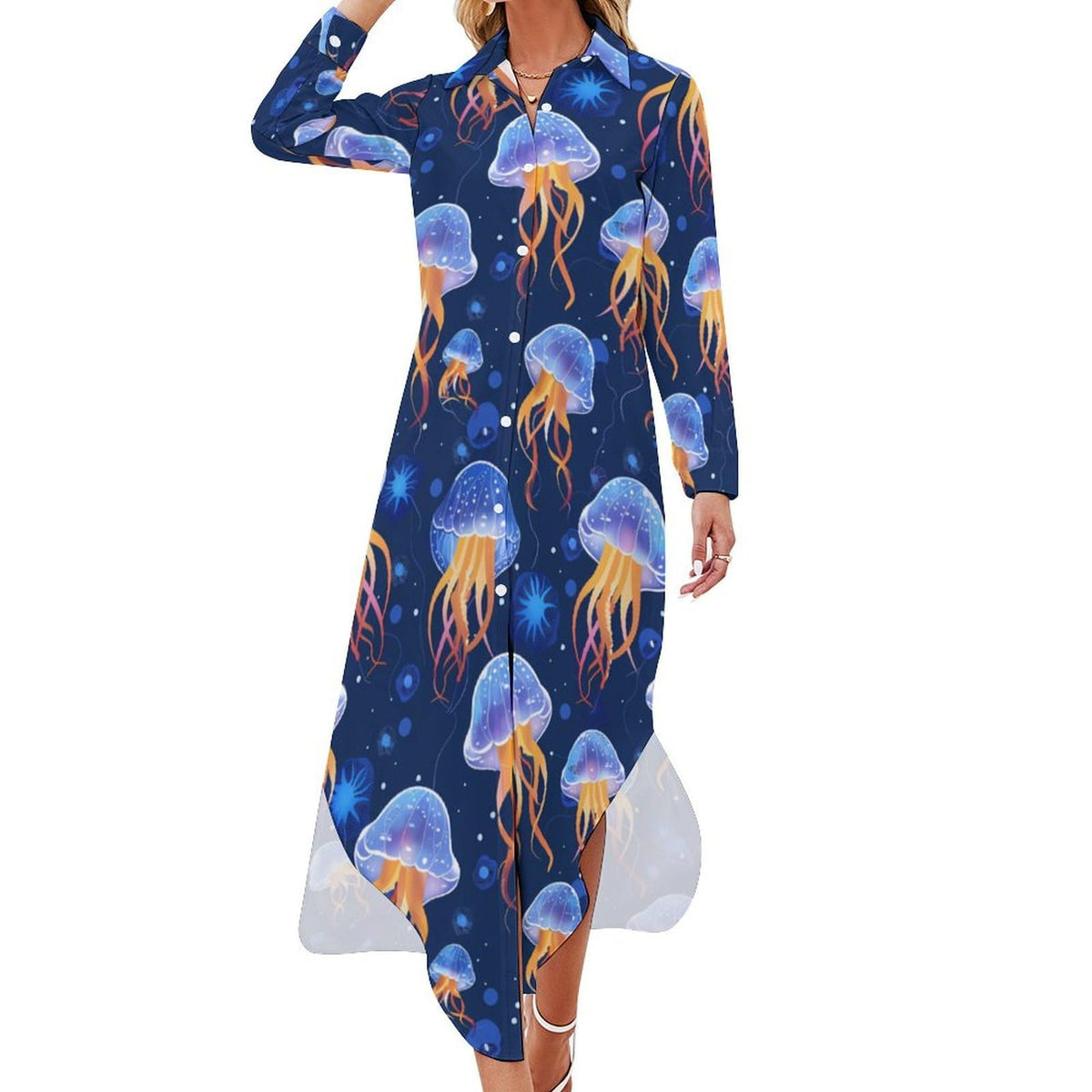 Robe-chemise fantaisie bleue à motif méduse pour femme, boutonnée, manches longues, fendue, maxi